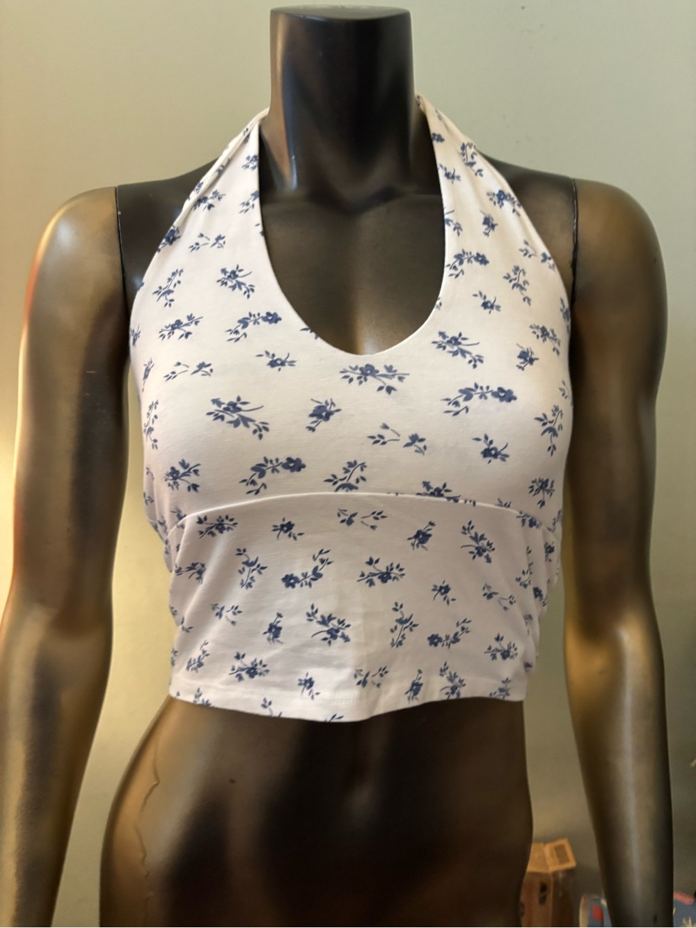 Hollister White Halter Crop Top with Blue Floral Print